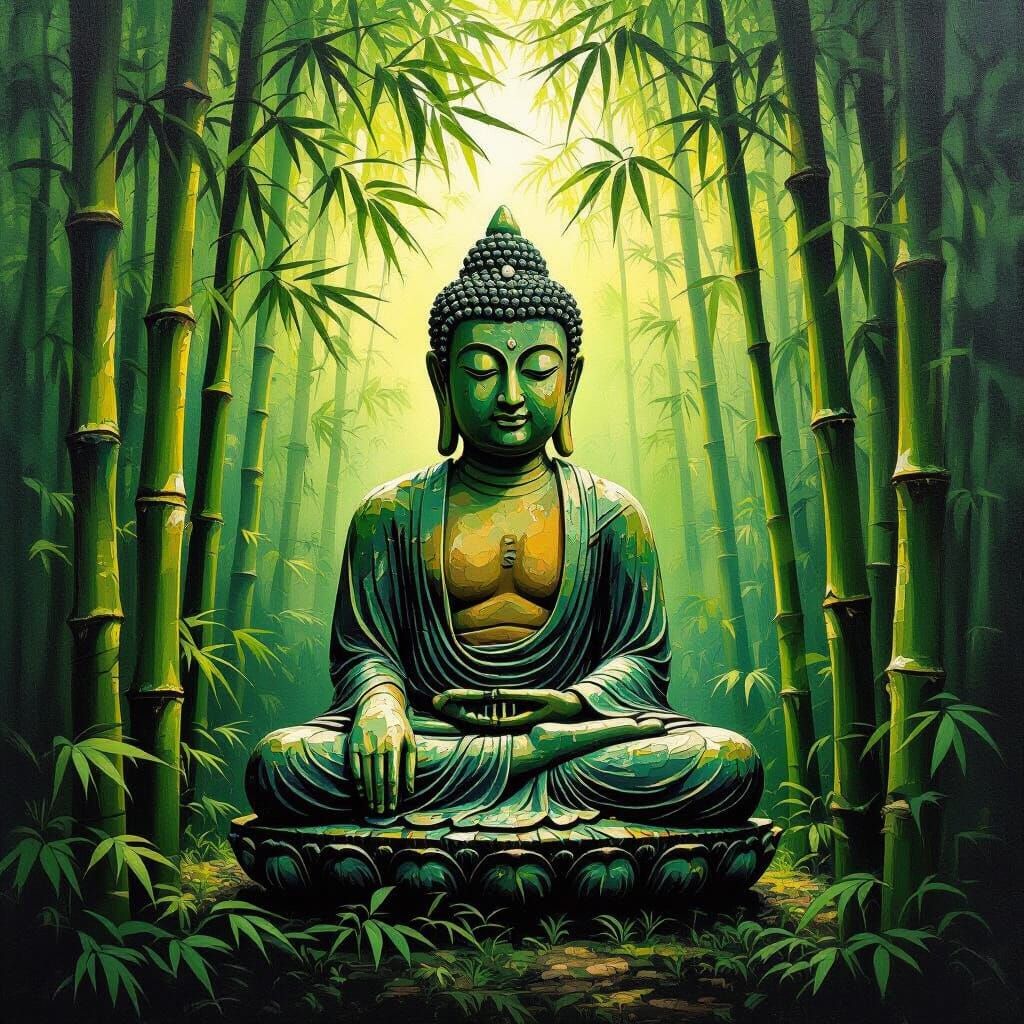 Textured Buddha in Lush Bamboo Forest