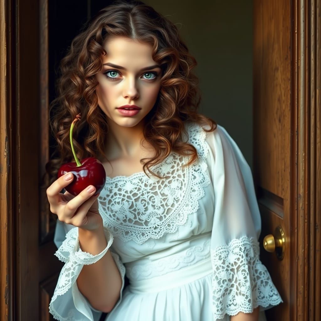 Young Woman Hides Behind Door with Cherry, in Old Master's S...