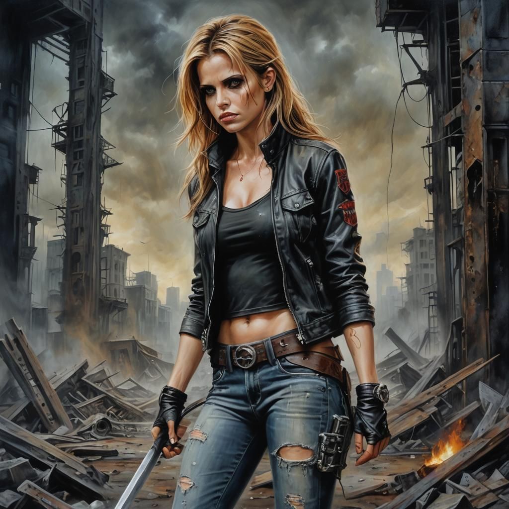 Post-Apocalyptic Slayer Portrait in Acrylic Style