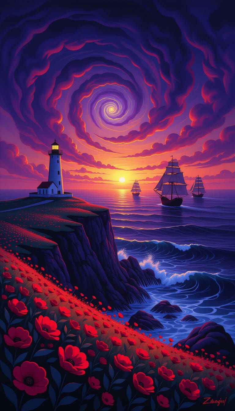 Surreal Sunset Over Red Flowers and Ancient Lighthouse