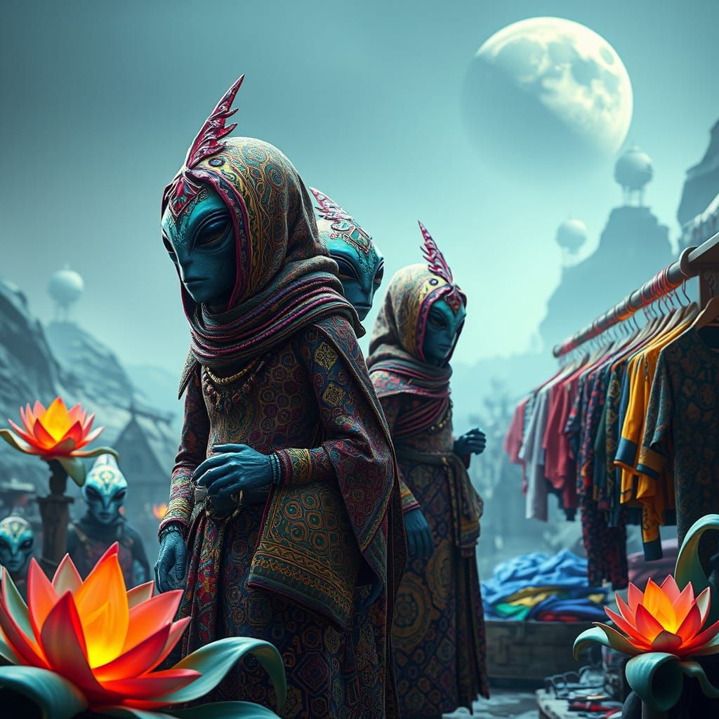 Alien Merchants Selling Garments on a Glowing Planet