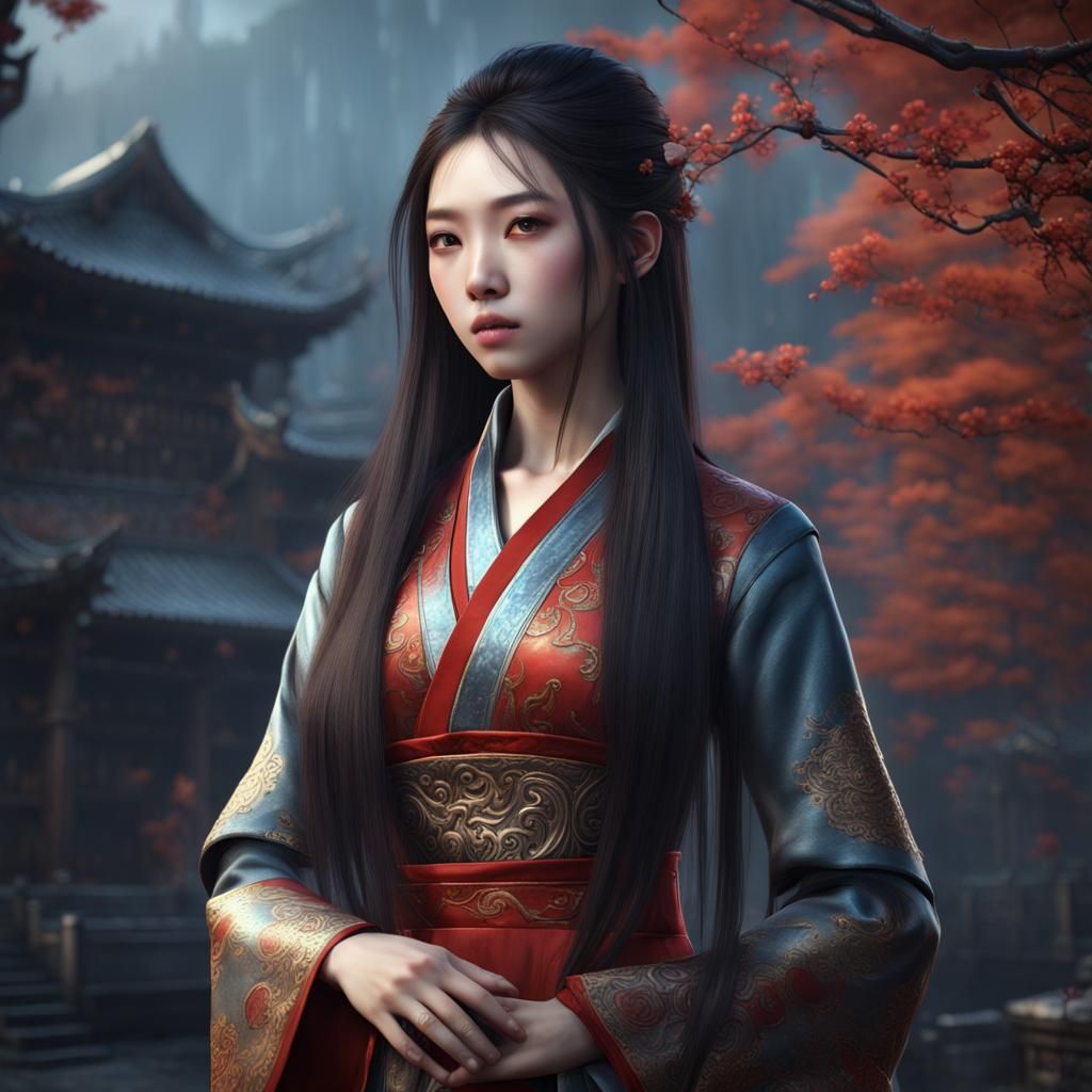 Beautiful Chinese Girl with Long Hair: Detailed Matte Painti...