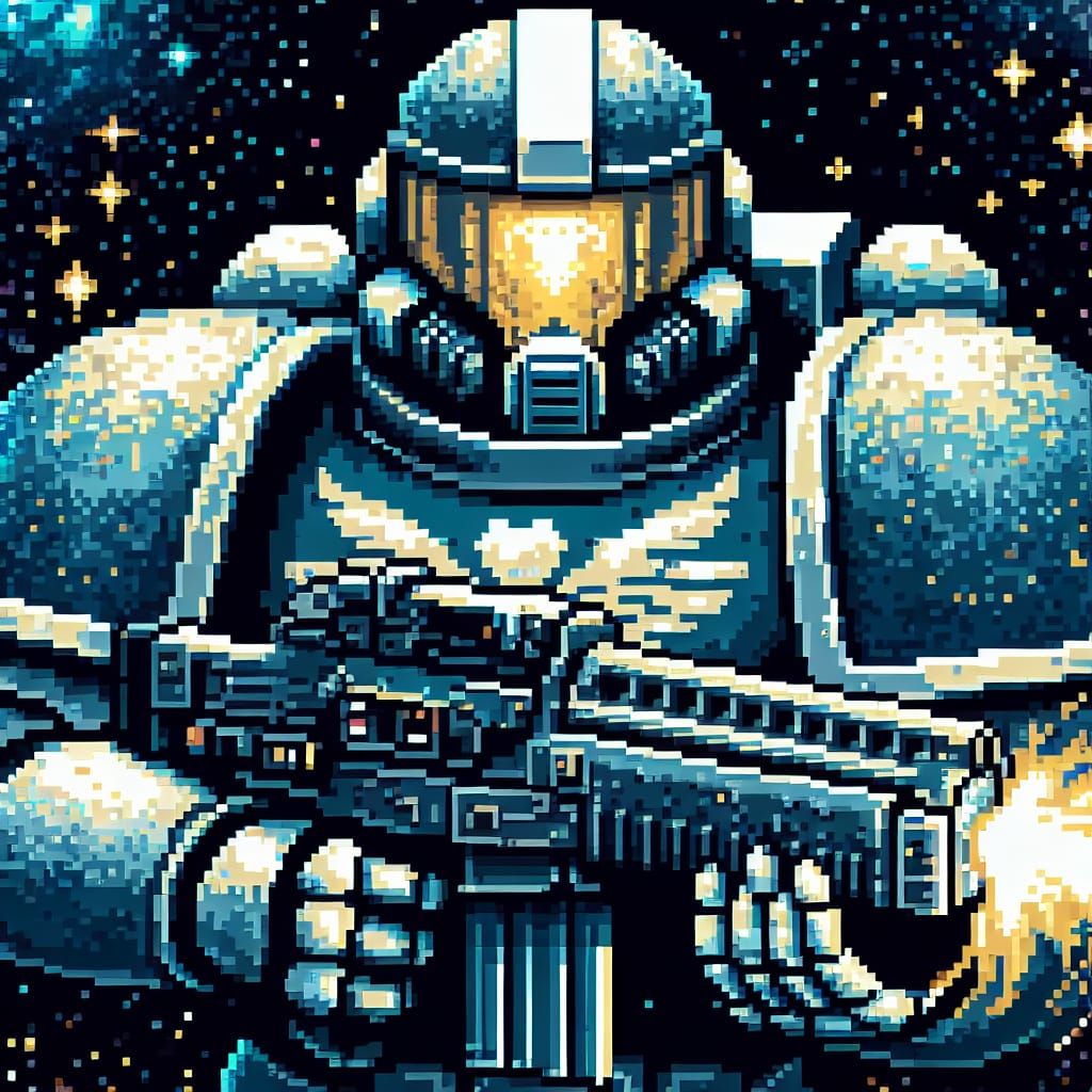 Pixel Art Space Marine Warrior Drog in Futuristic Armor