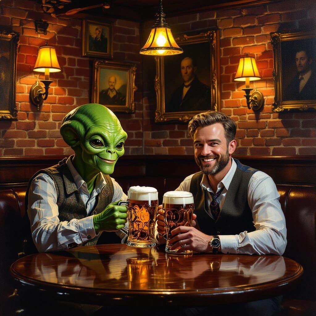 Man and Alien Toasting Beer in Cozy Pub Oil Painting