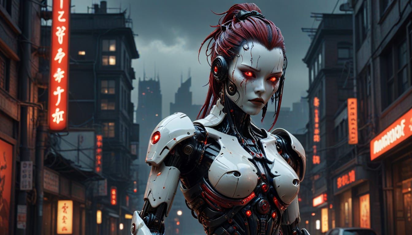 Frightening Gynoid Robot in Gothic Bio-Mech Pose