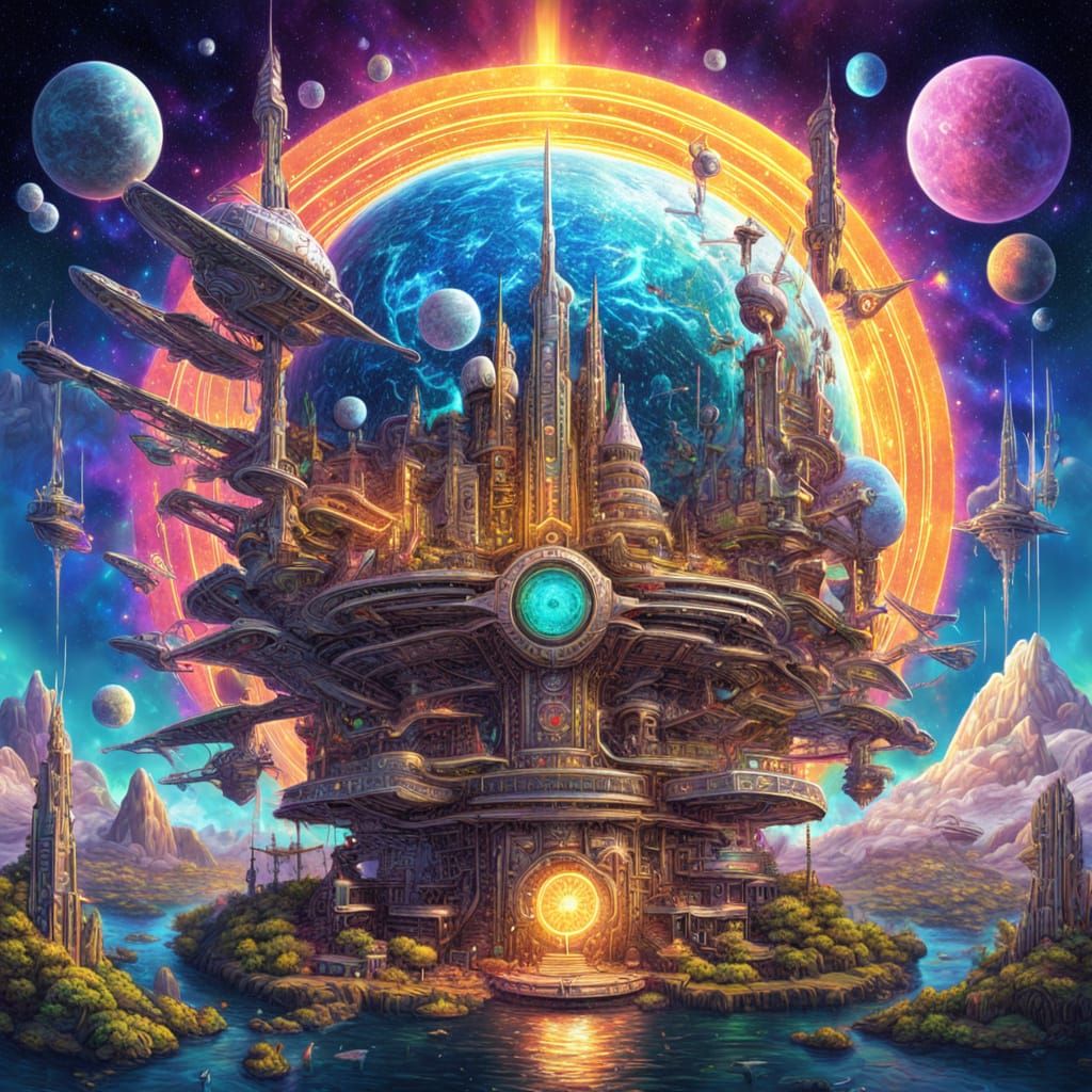 Surreal Solarpunk Metropolis in Cosmic Holographic Style