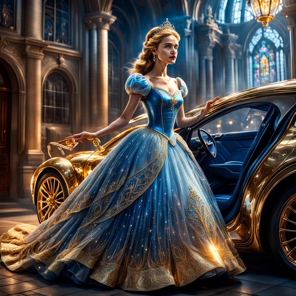 Hyperrealistic Cinderella in Glass Dress with Golden Tesla