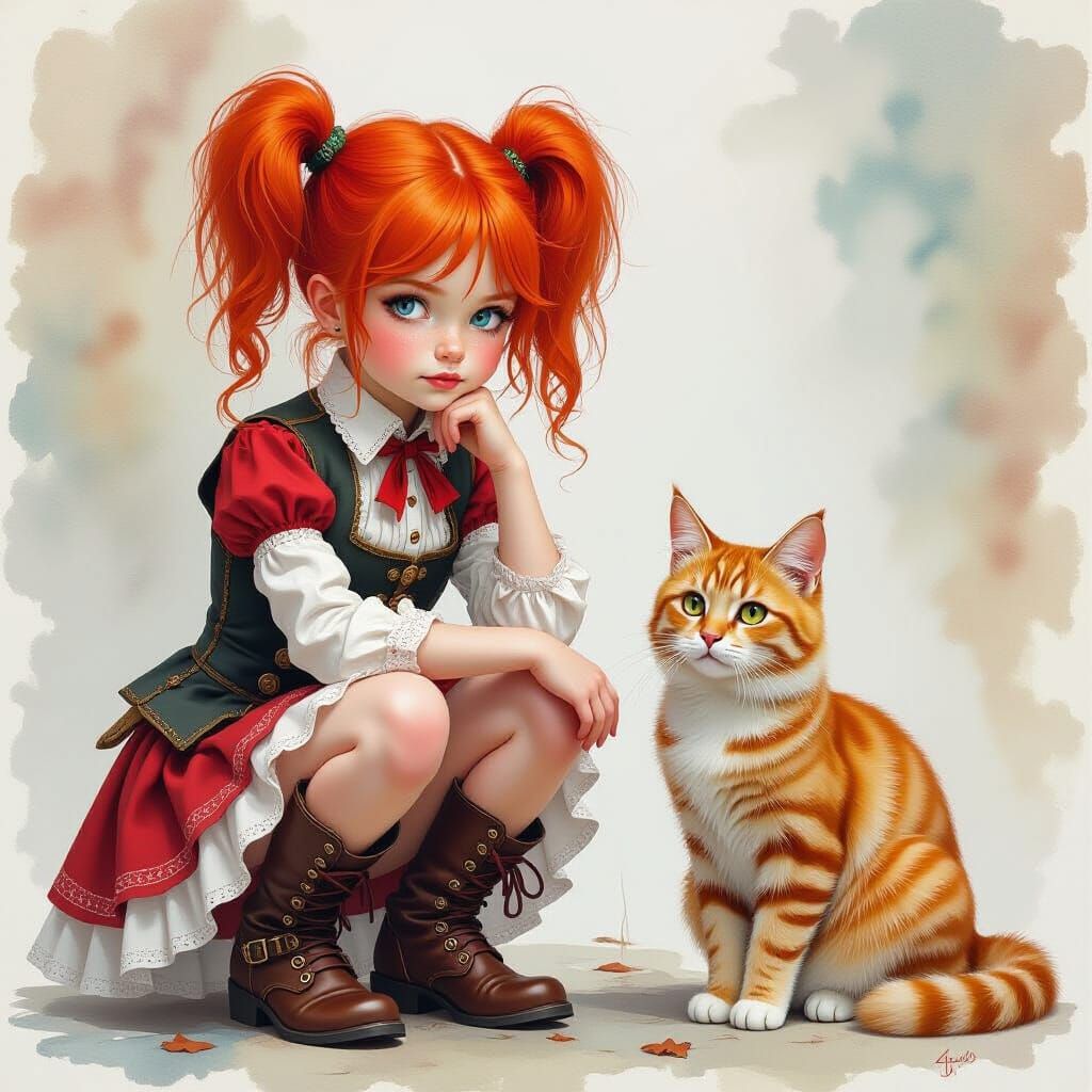 Steampunk Girl with Cat in Watercolor Style