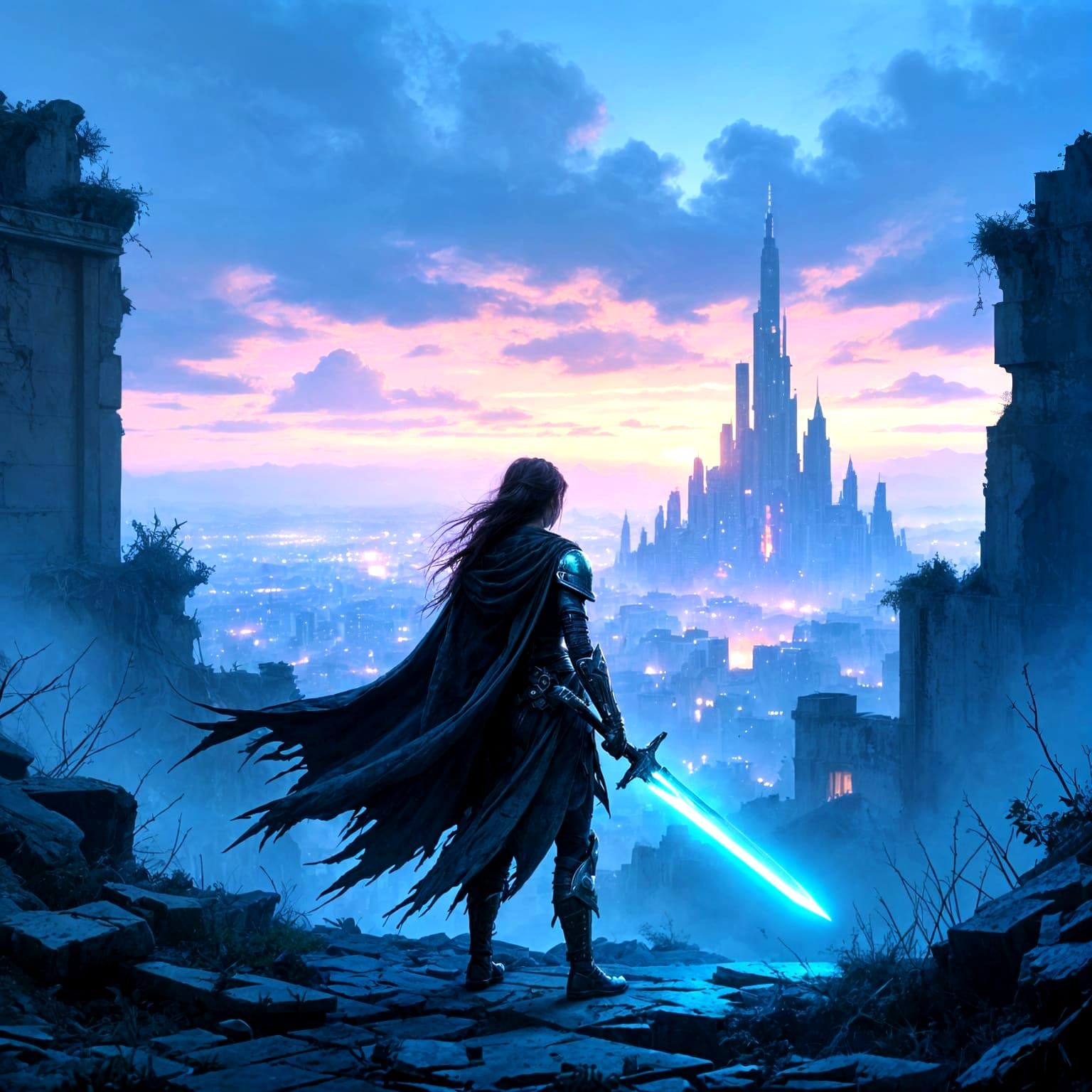 Lone Cybernetic Warrior Overlooks Futuristic Cityscape