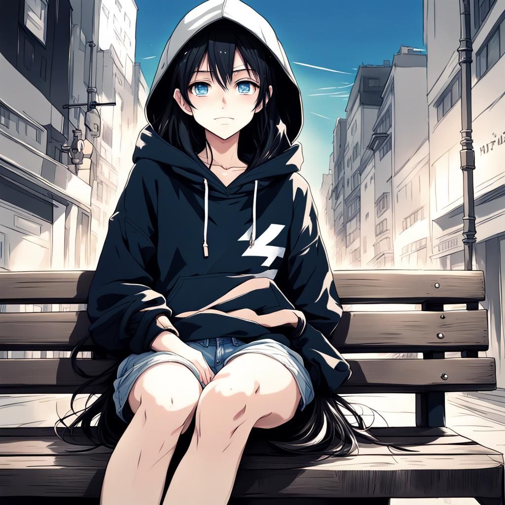 Tomboy Anime Girl in Manga Style on City Bench
