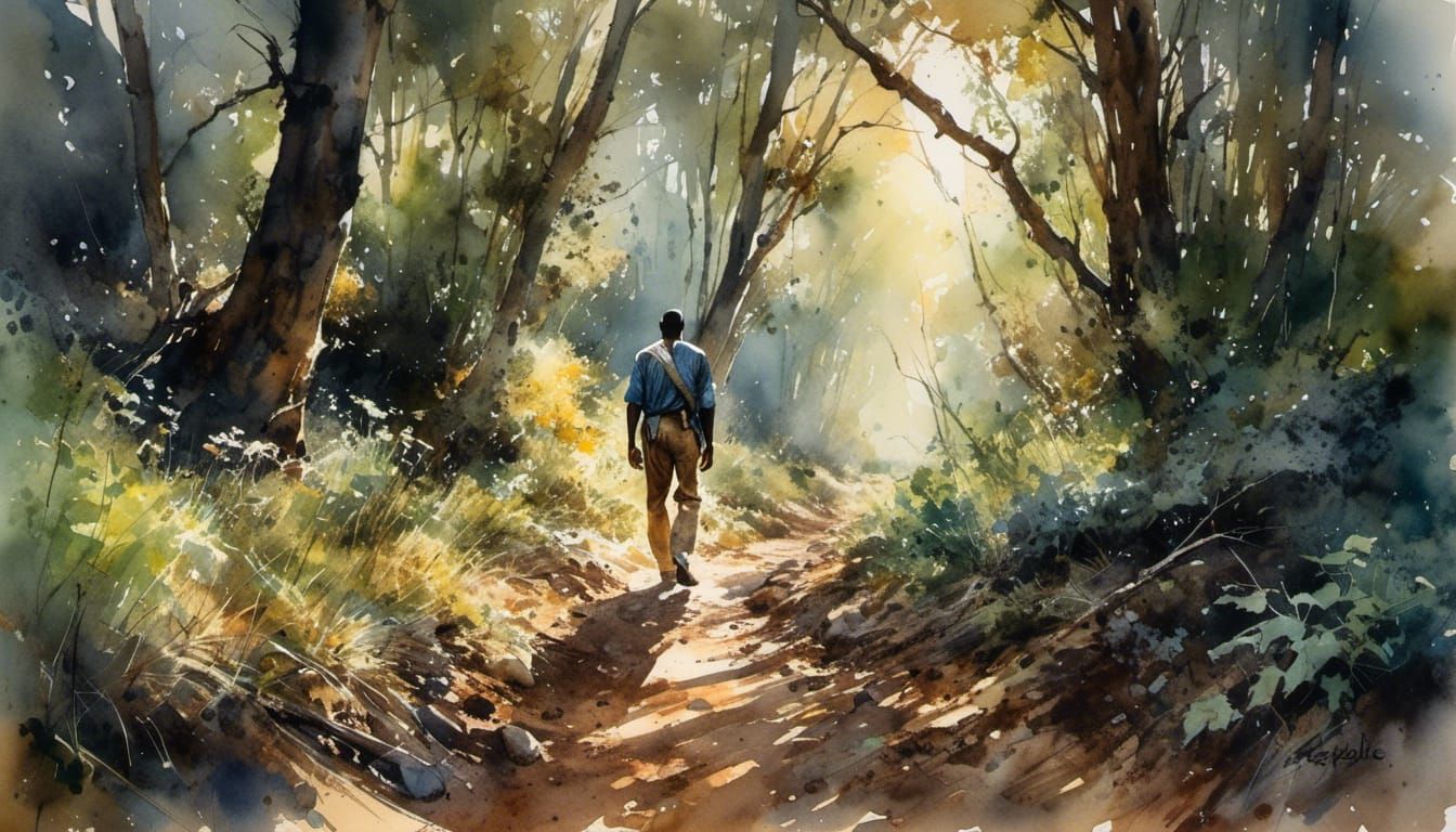 Solitary Man Walks Through Forest in Sunlight