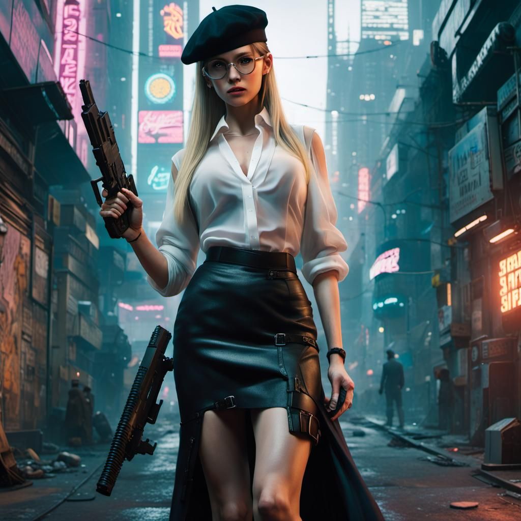 Cyberpunk Woman with Gun in Neon City Alley
