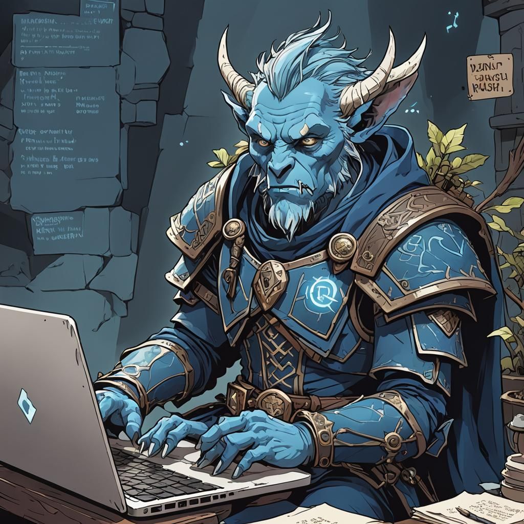Cartoon Firbolg Typing During Prompt Rush