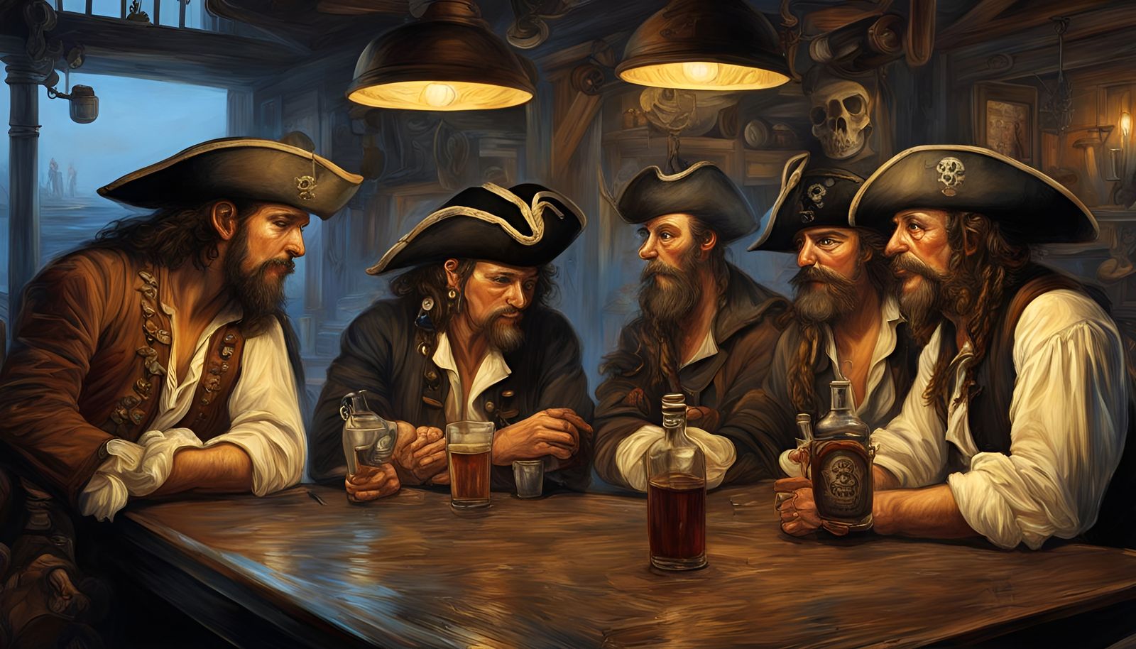 Pirates Drinking Rum in Hyperrealistic Oil Painting