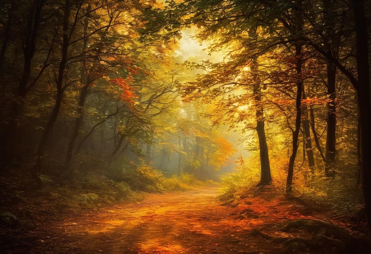 Glowing Autumn Forest Landscape in Romantic Style