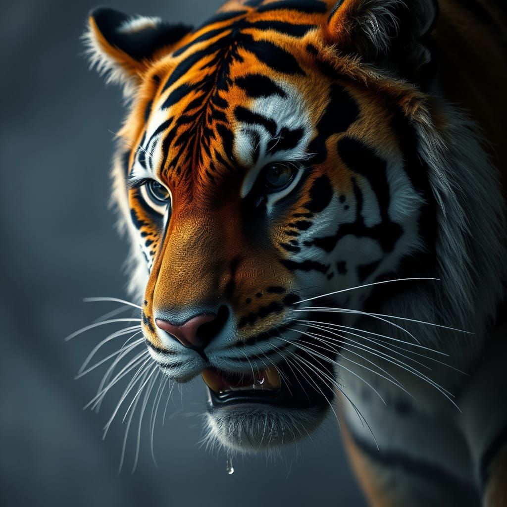 Majestic Tiger in Sorrowful, Hyperrealistic Portrait