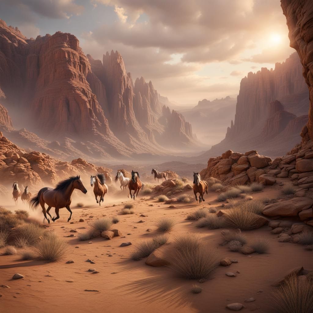 Wild Horses Run Through Desert Canyon in Matte Painting