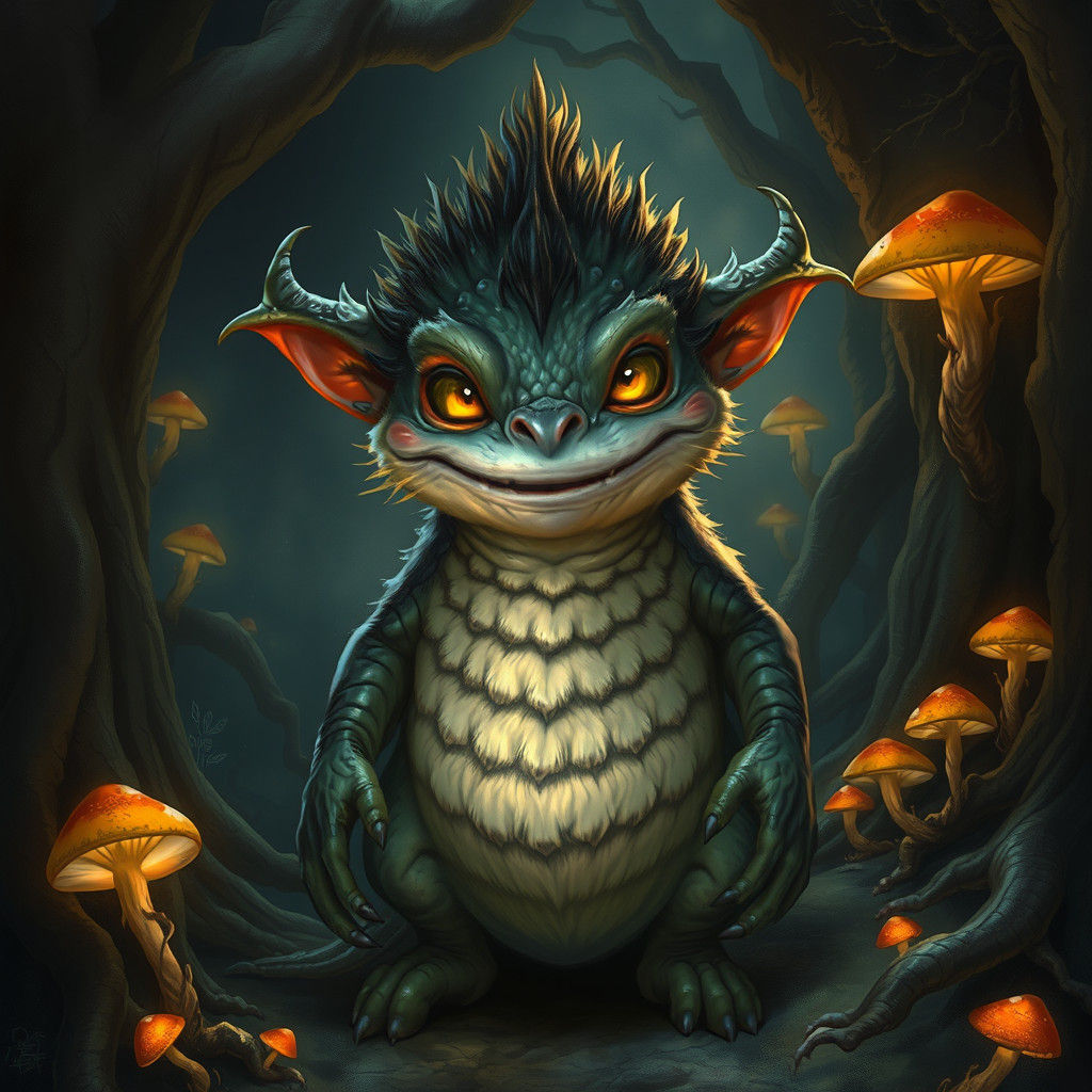 Friendly Monster in Mystical Forest, Detailed Fantasy Art