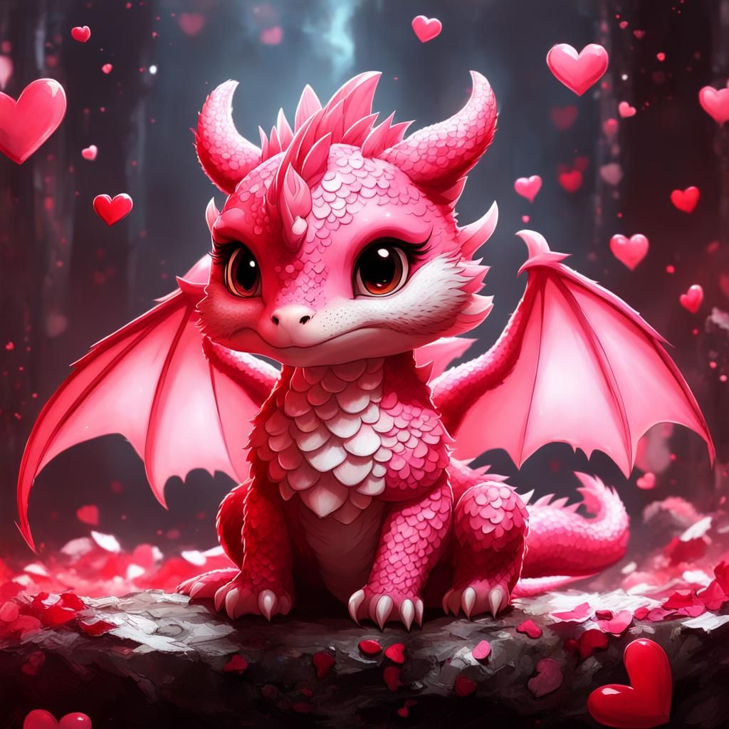 Cute Chibi Dragon with Hearts, Digital Art