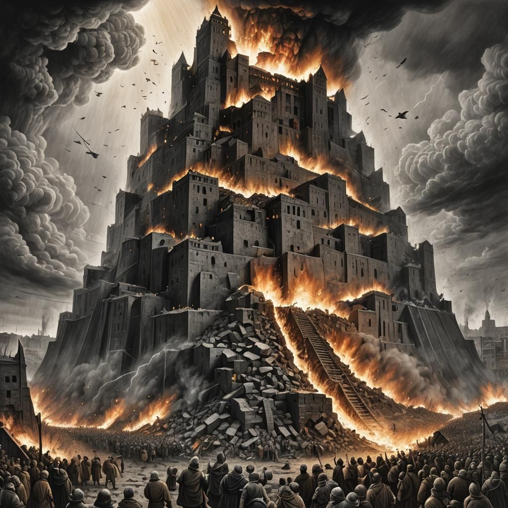 Tower of Babel Destruction: Hyperdetailed Charcoal Drawing