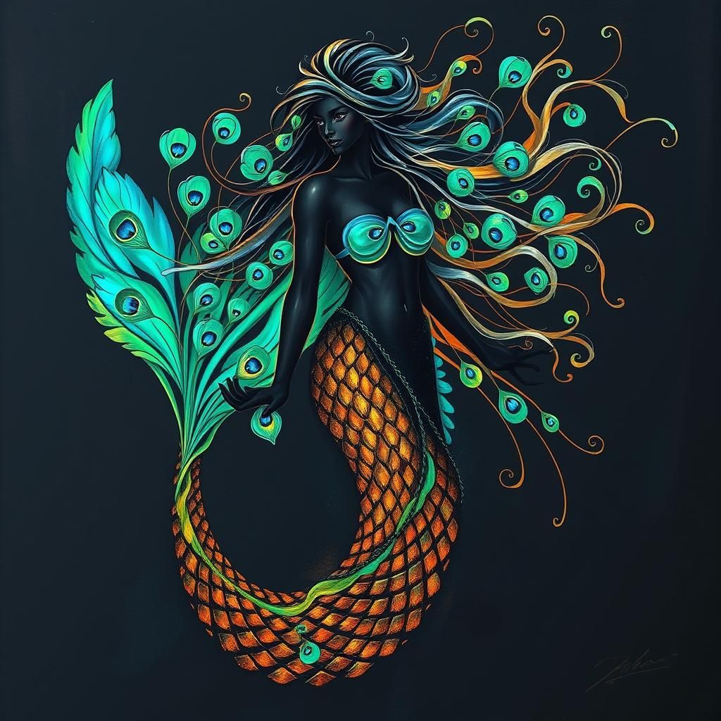 Peacock Mermaid with Dark Skin in Abstract Style