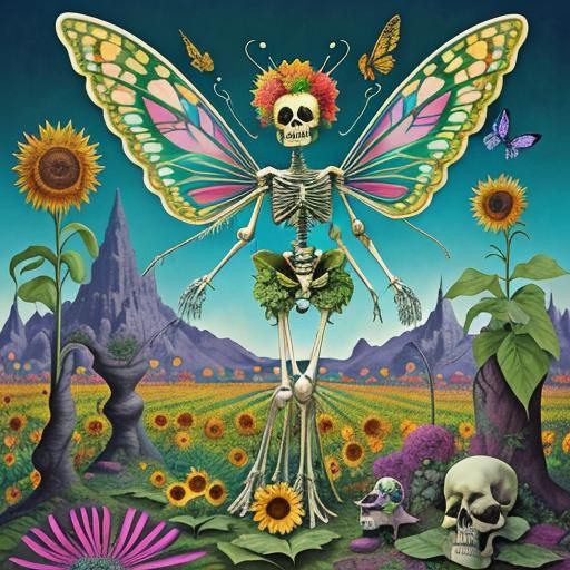 Surreal Dreamlike Landscape with Androids and Skeletons