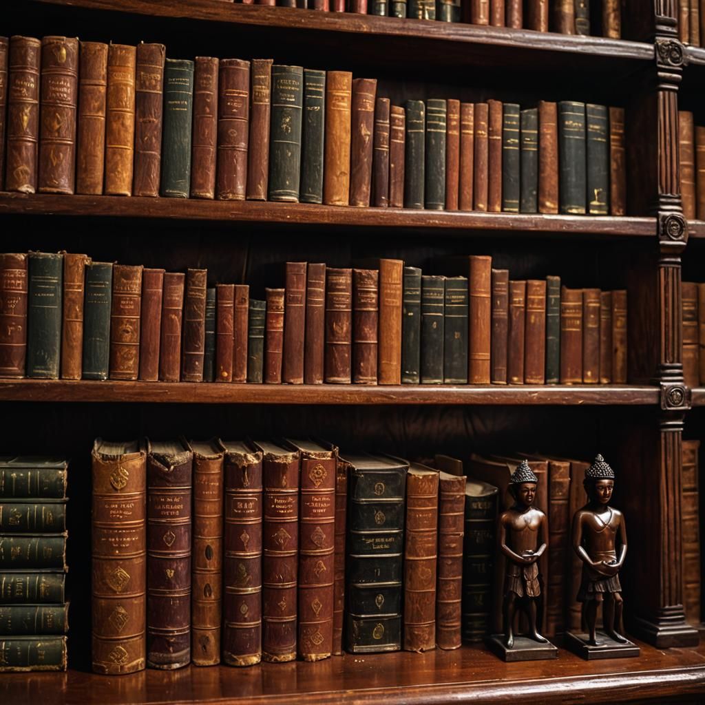 mahogany bookshelves with old precious books, some a bit tor...