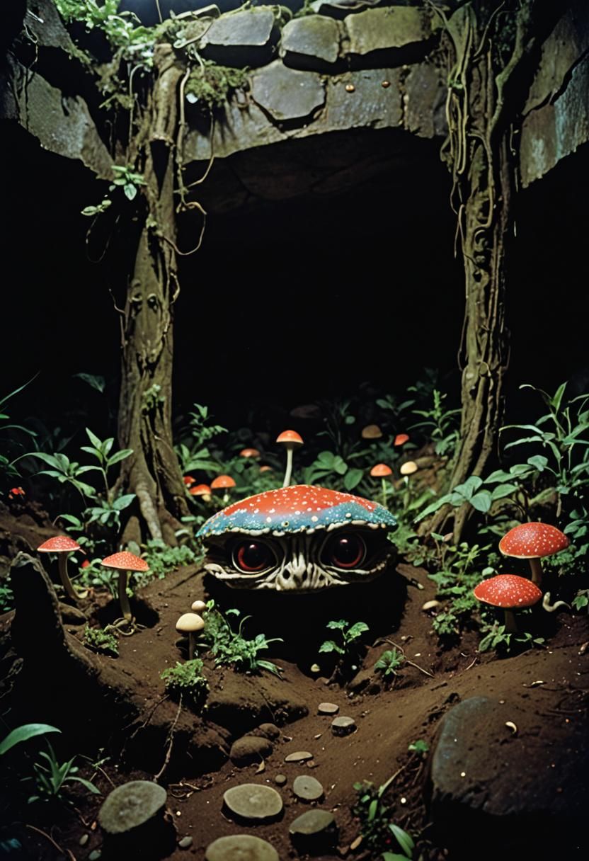 Psychedelic Grotto Garden in 1970s Film Style