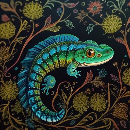 Fractal Paisley Salamander in Gouache Style