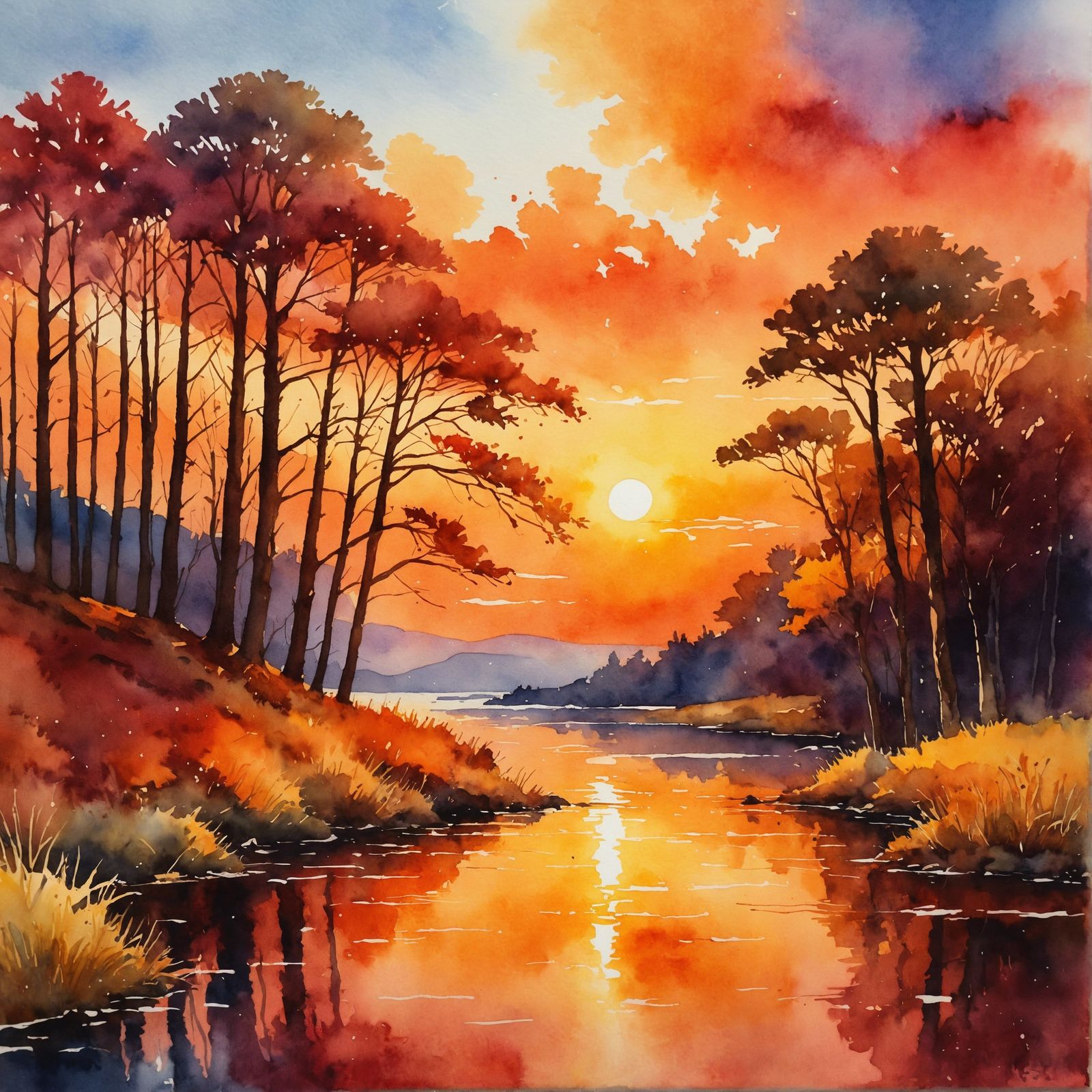 Watercolor Sunset Over Calm River at Golden Hour