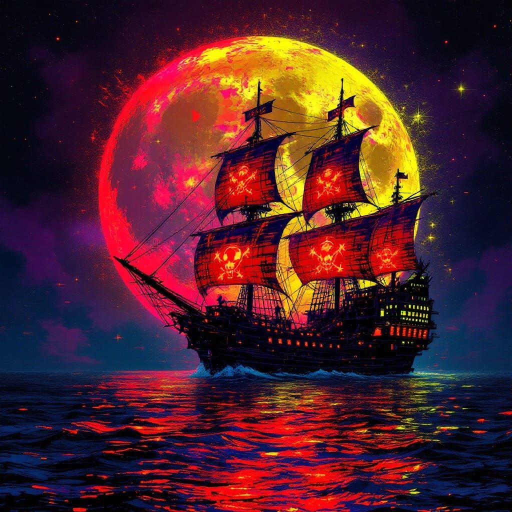 "The Crimson pirates galleon ship" glowing scarlet ghost pirate ship on ocean in front of perfect big glowing luminous.....
