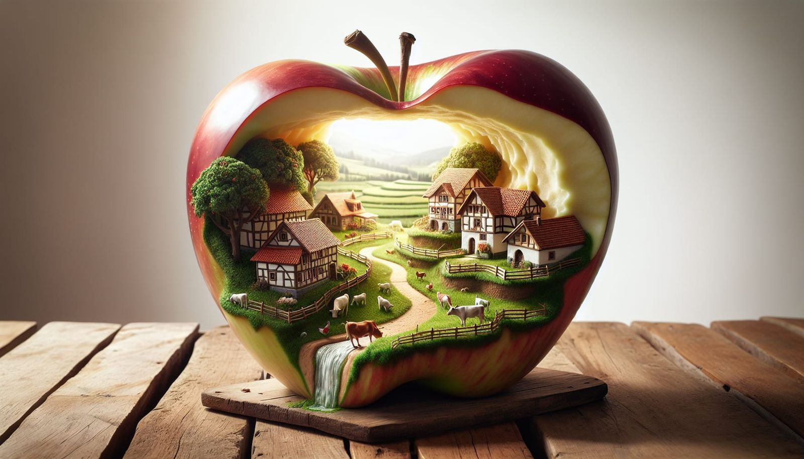 Village Inside Apple: Hyper-Realistic Surreal Scene