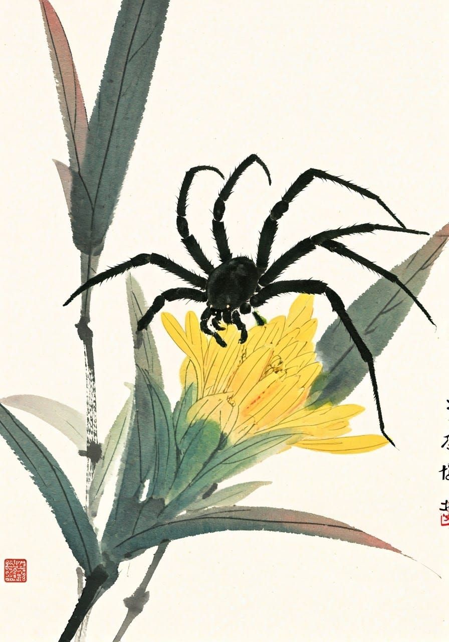 Chinese Ink Painting of Spider and Flower
