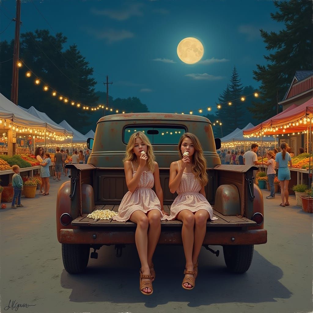 Girls at Night Market in Impressionist Style