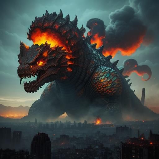 Apocalyptic Kaiju in Destroyed City: Giger and Mead Style