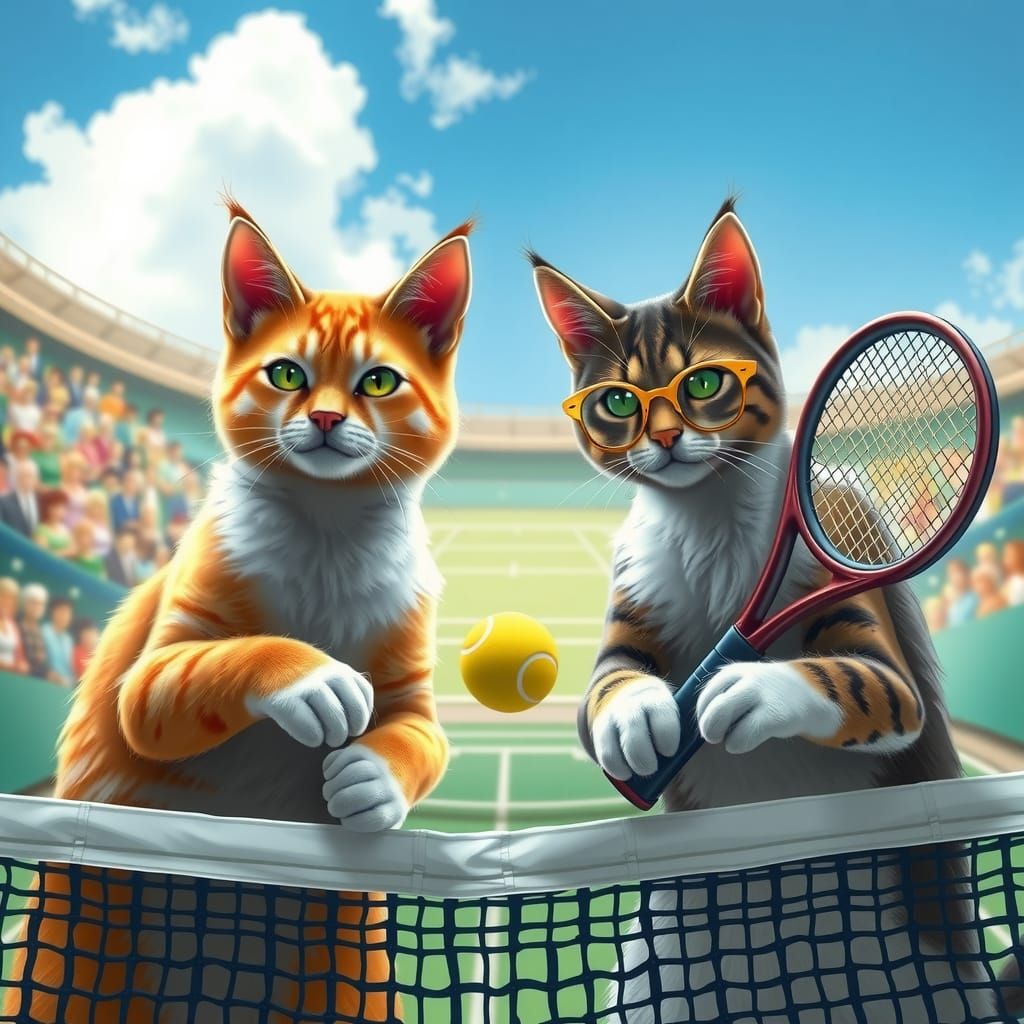 Anthropomorphic Cats Play Tennis at Wimbledon