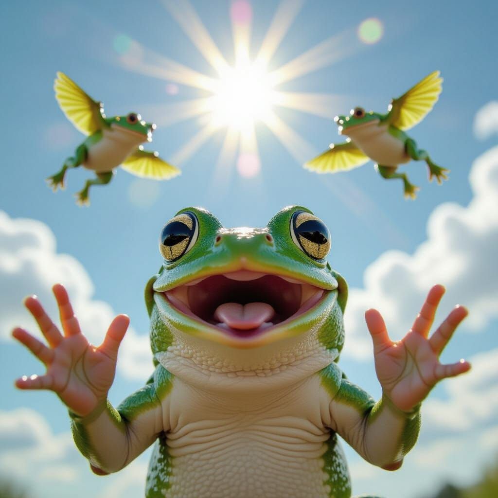 Surprised Frog Sees Flying Frogs in Divine Light