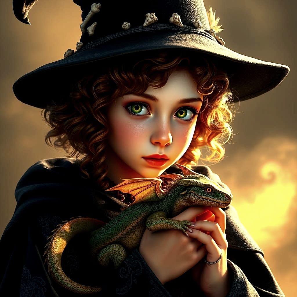 Young Witch Apprentice Plays with Scaly Familiar in Vibrant,...