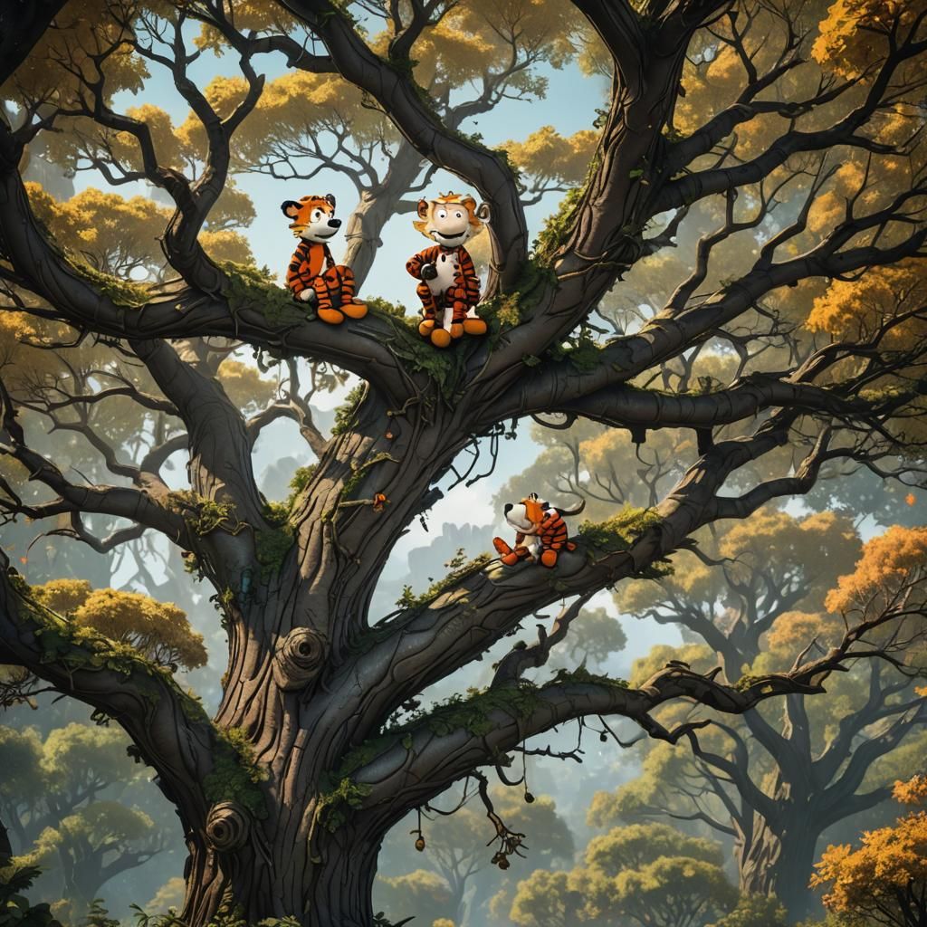 Calvin and Hobbes in a Fantastical Treehouse