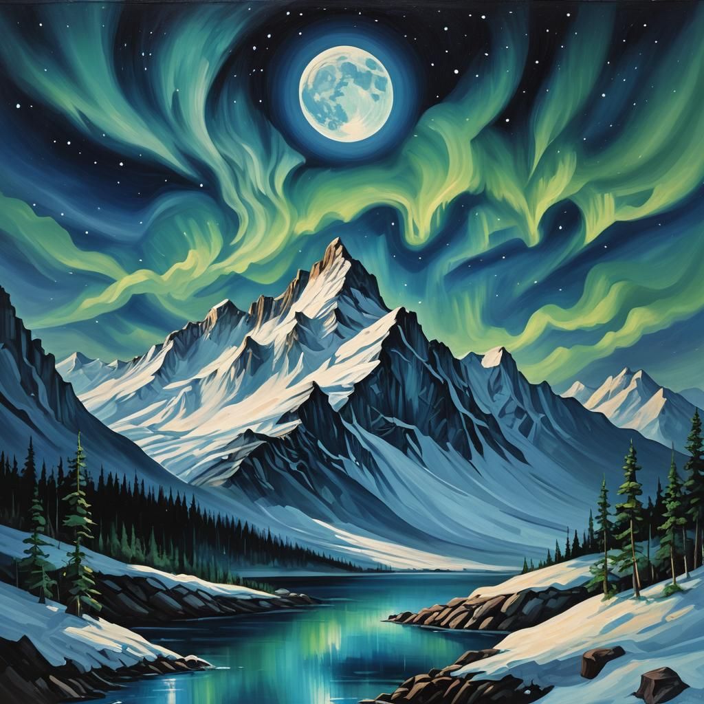 Surreal Blue Moon Over Mountain, Northern Lights