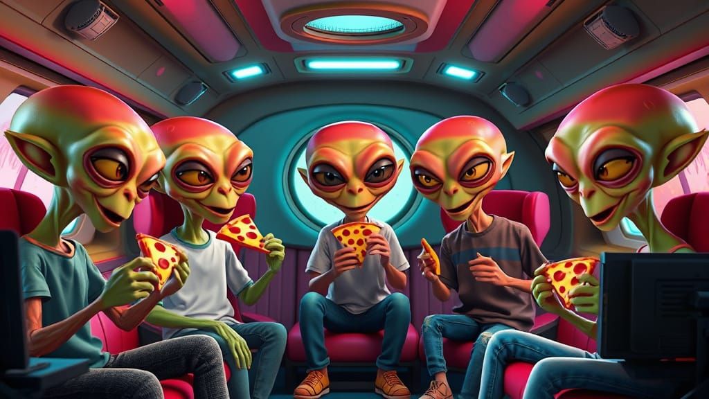 Aliens Enjoying Pizza in a Spaceship Interior