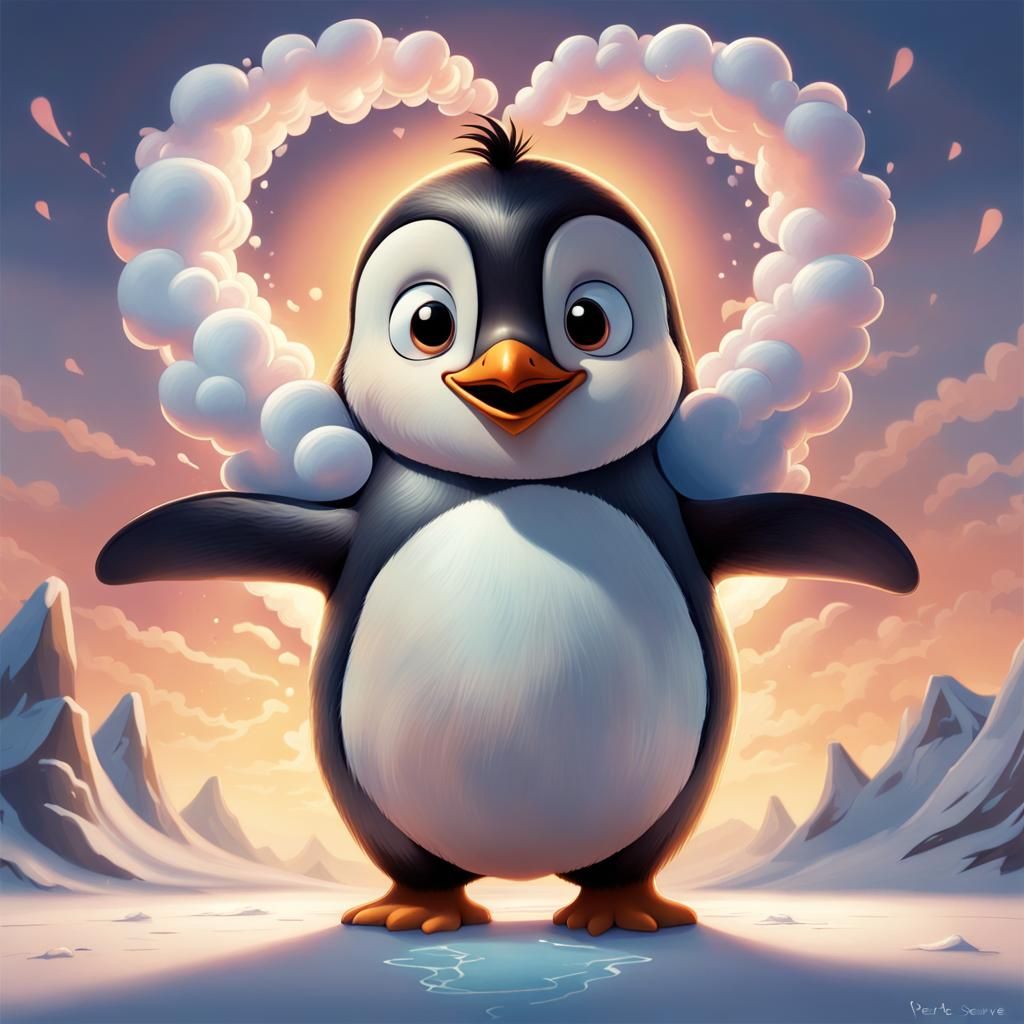 Penguin Gazing at Heart Cloud in Cartoon Style