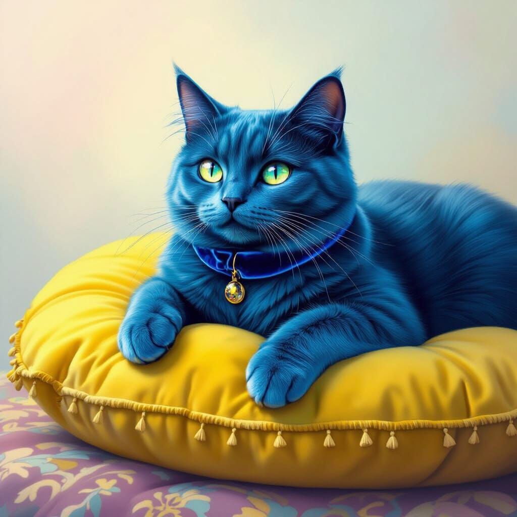 Giant Blue Cat Lounging on Yellow Cushion: Photorealistic Ar...