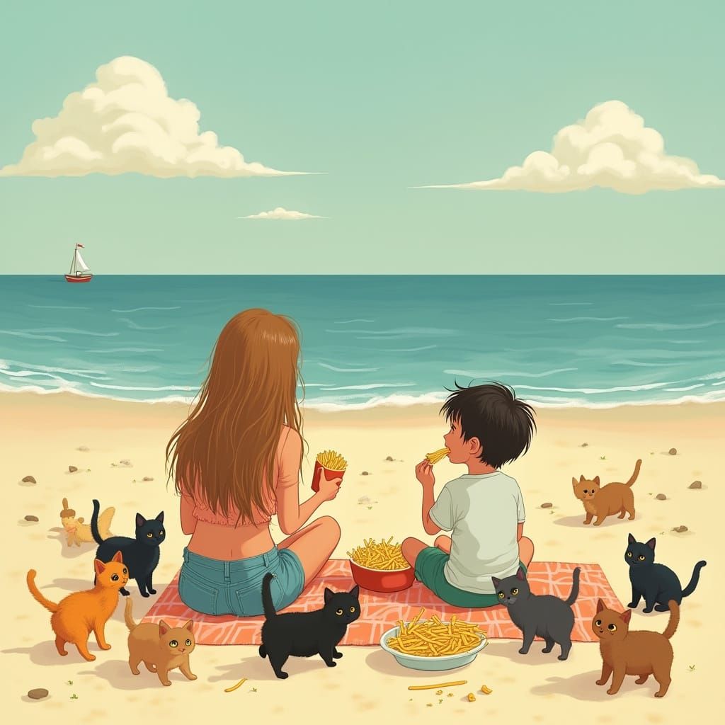 Beachside Duo Surrounded by Whimsical Felines in a Sunny Atm...