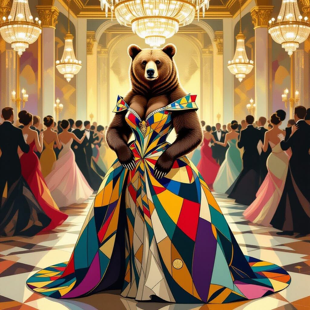 Grizzly Bear in Art Deco Gown at Ballroom