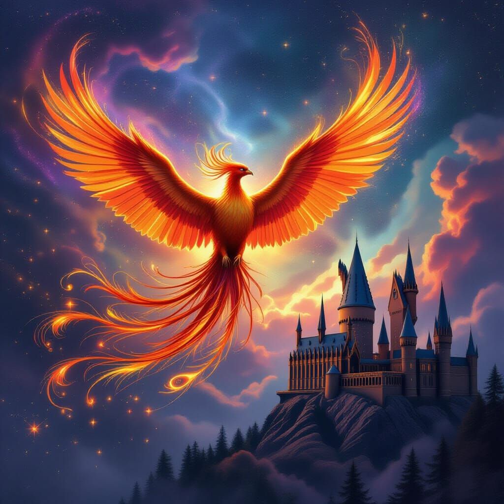 Phoenix Soaring Through Nebula with Hogwarts, Digital Fantas...