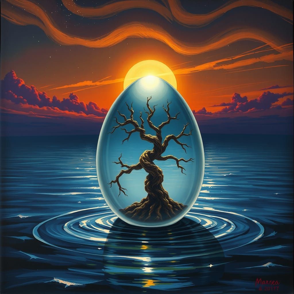 Glass Egg Reveals Tree of Truth at Twilight