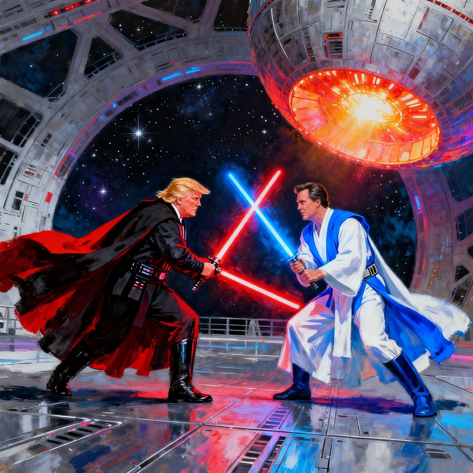 Trump Sith Lord Fights Newsom Jedi on Death Star Airbrush
