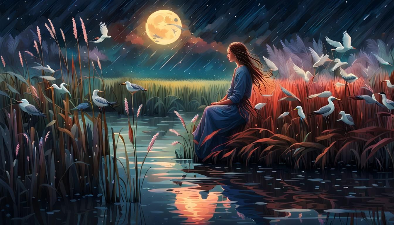 Lonely Woman Night Swimming in River of Reeds