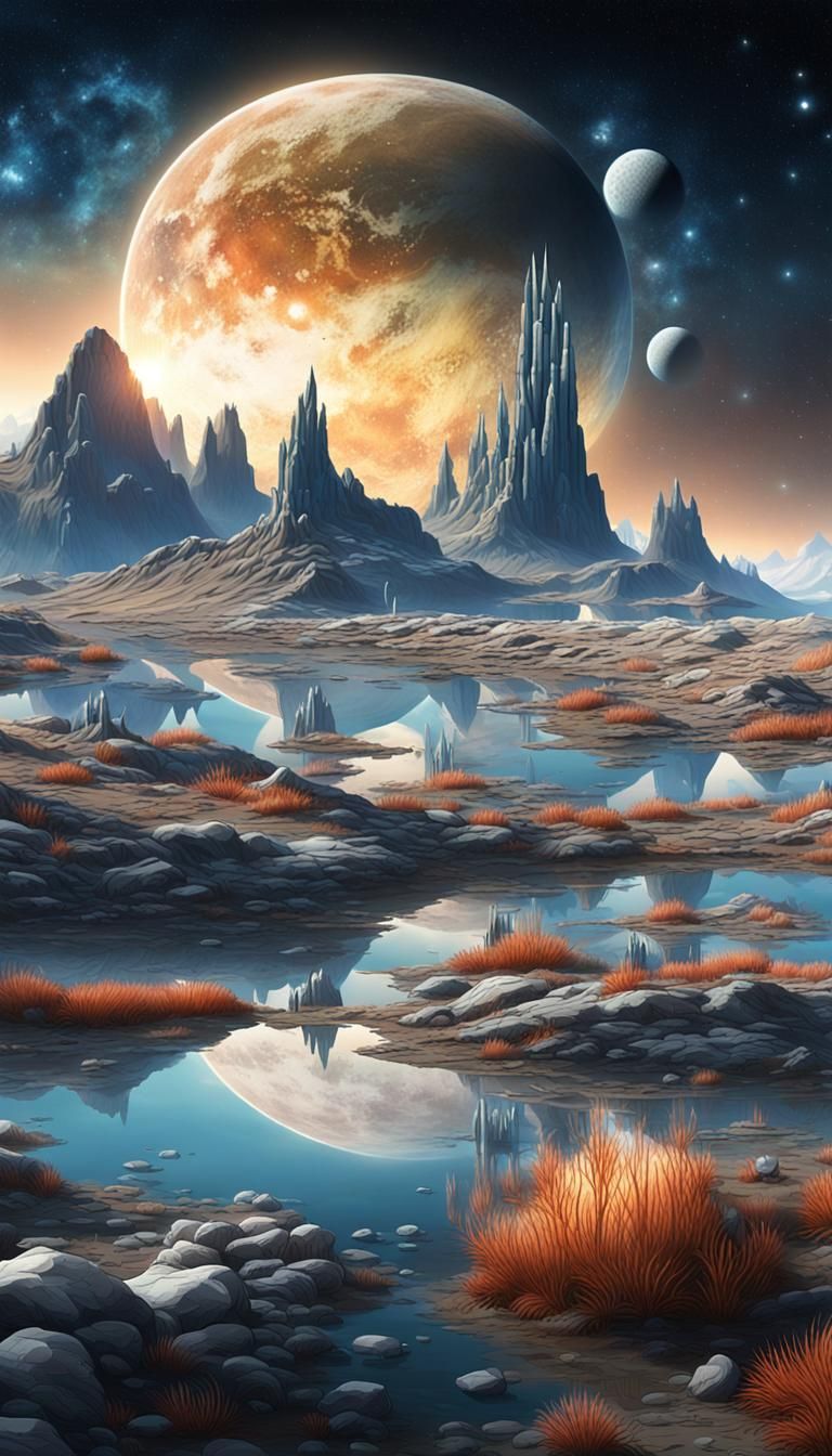 Alien Landscape with Crystalline Structures and Moons